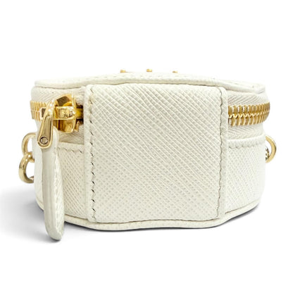 Prada Saffiano Leather Triangle Logo Chain Shoulder Round Mini Pouch White Gold — view 6