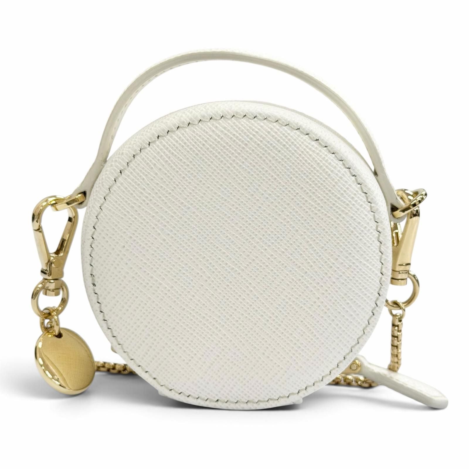Prada Saffiano Leather Triangle Logo Chain Shoulder Round Mini Pouch White Gold — view 4