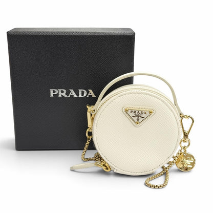 Prada Saffiano Leather Triangle Logo Chain Shoulder Round Mini Pouch White Gold — view 2