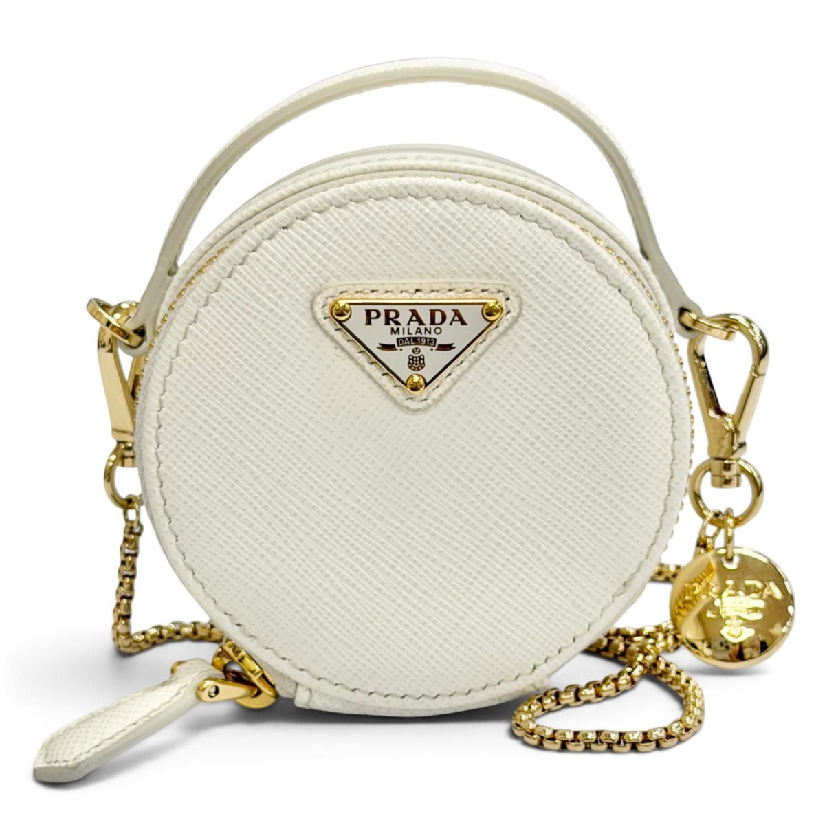 Prada Saffiano Leather Triangle Logo Chain Shoulder Round Mini Pouch White Gold
