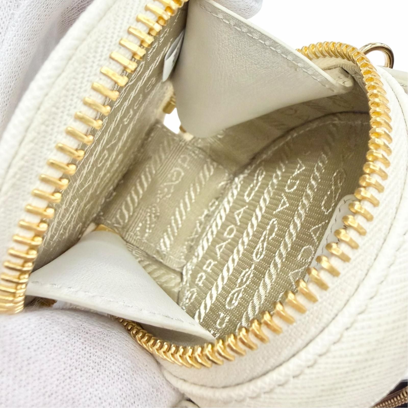 Prada Saffiano Leather Triangle Logo Chain Shoulder Round Mini Pouch White Gold — view 7