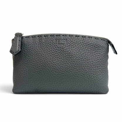 Fendi Selleria Logo Leather Pouch Makeup Dark Gray Silver