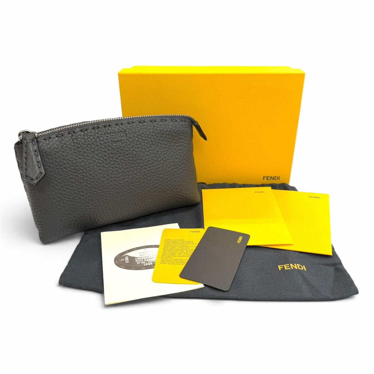 Fendi Selleria Logo Leather Pouch Makeup Dark Gray Silver — view 2