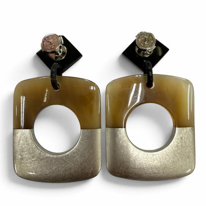 Hermes Buffalo Horn Sellier Post Earrings Beige Silver Dark Brown — view 4