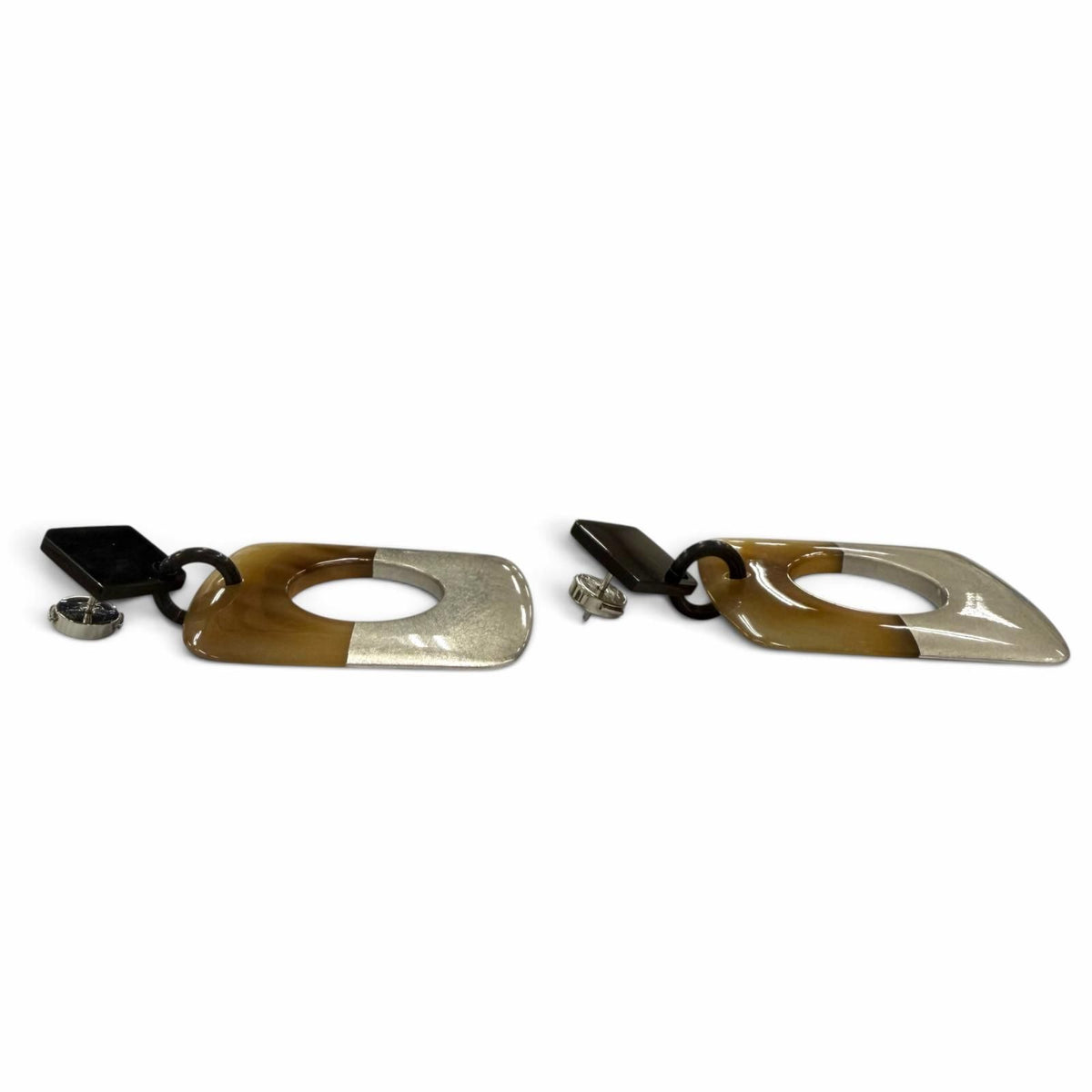 Hermes Buffalo Horn Sellier Post Earrings Beige Silver Dark Brown — view 3