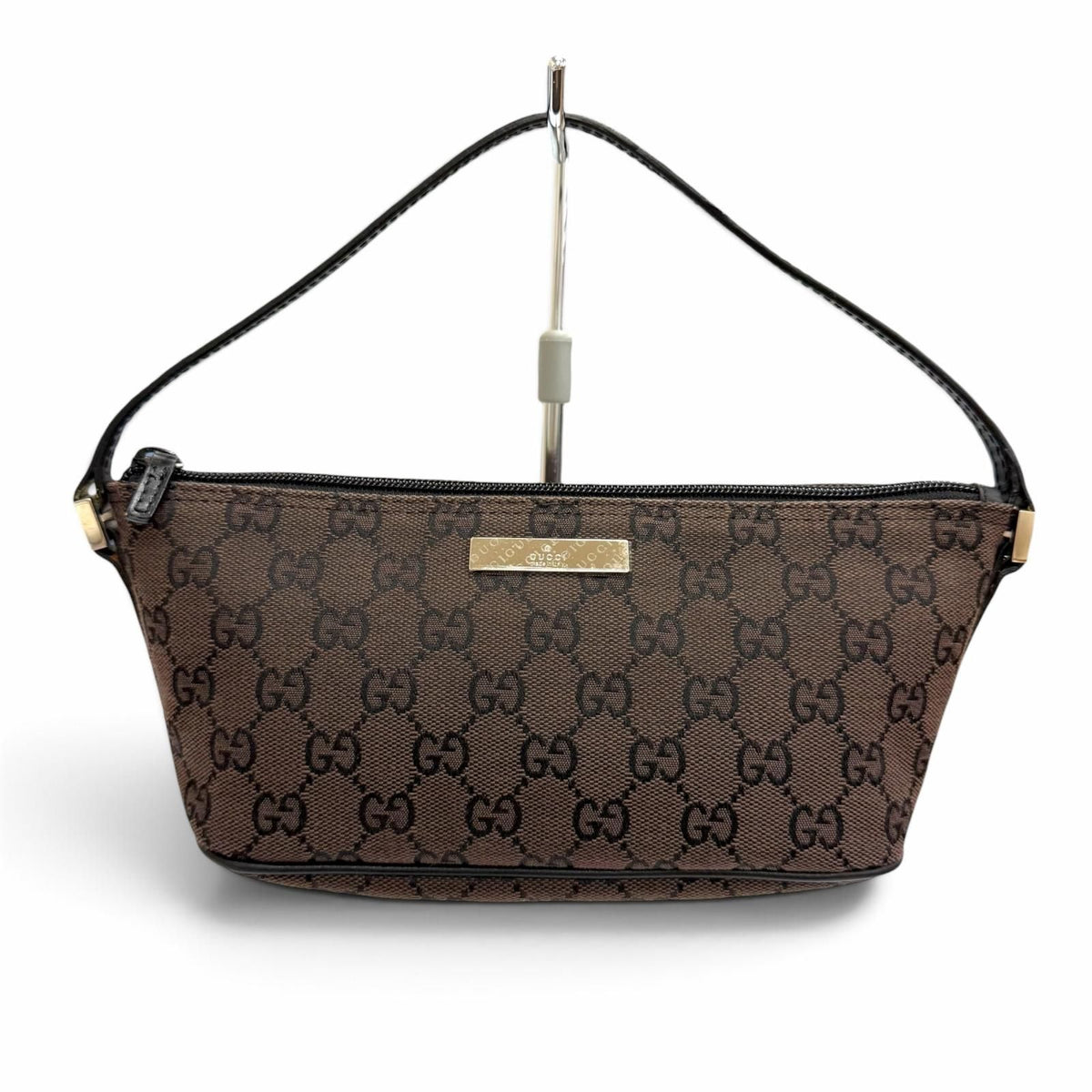 Gucci Vintage GG Canvas Leather Logo Plate Pouch Dark Brown Silver