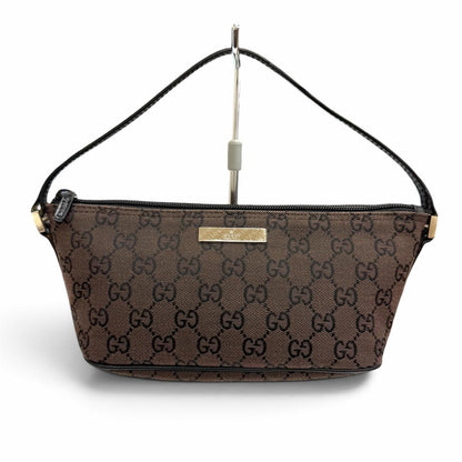 Gucci Vintage GG Canvas Leather Logo Plate Pouch Dark Brown Silver