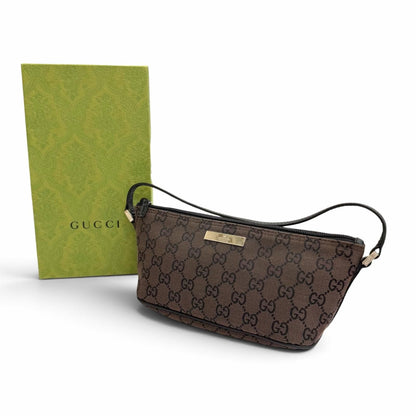Gucci Vintage GG Canvas Leather Logo Plate Pouch Dark Brown Silver — view 2