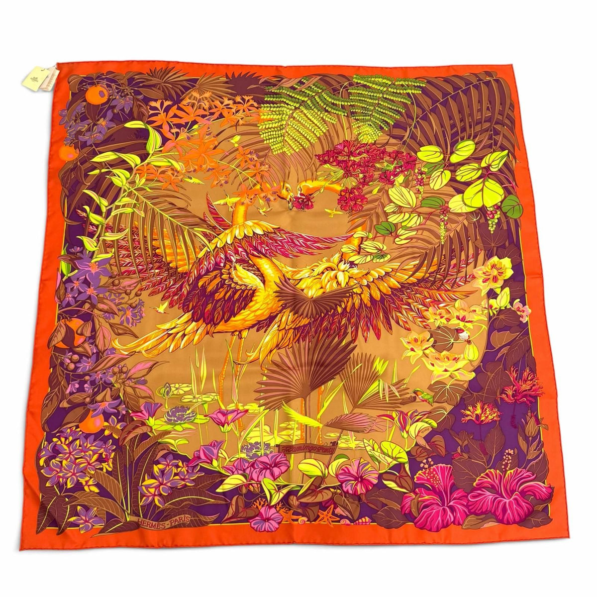 Hermes Carre 90 Flamingo Party Silk 100% Orange Brun Violet Scarf