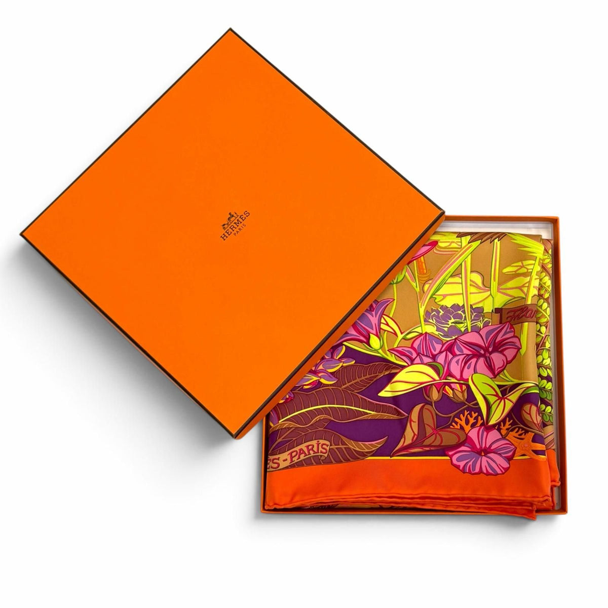 Hermes Carre 90 Flamingo Party Silk 100% Orange Brun Violet Scarf — view 2