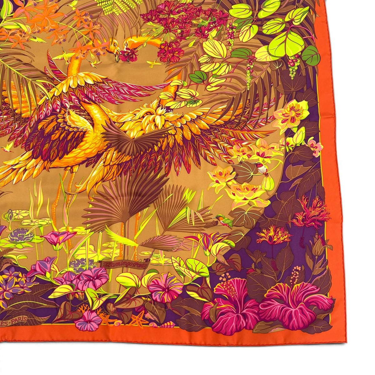 Hermes Carre 90 Flamingo Party Silk 100% Orange Brun Violet Scarf — view 5