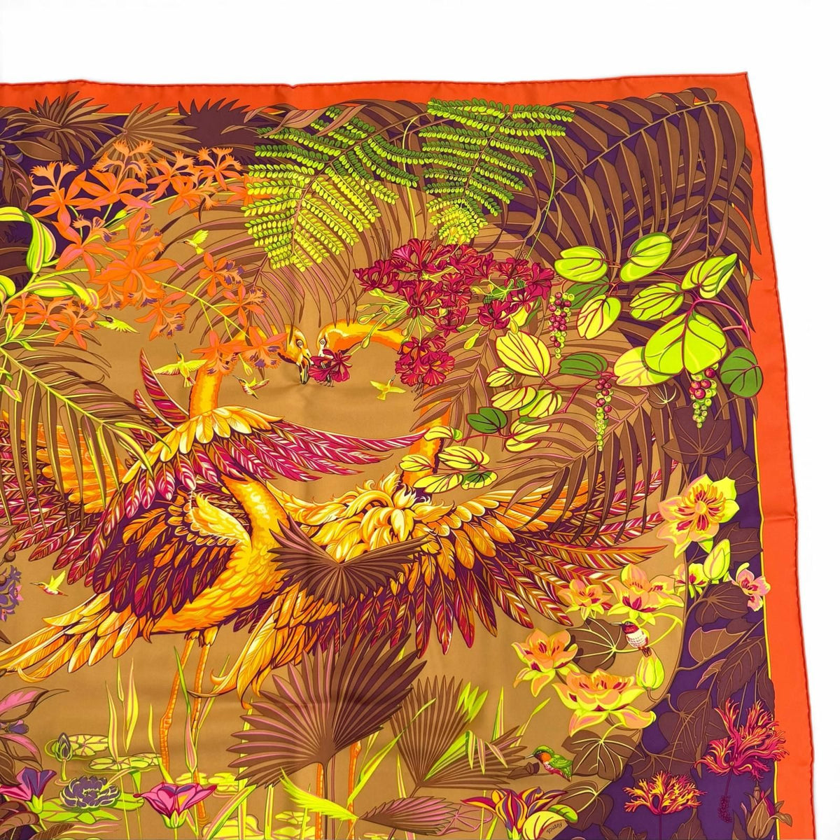 Hermes Carre 90 Flamingo Party Silk 100% Orange Brun Violet Scarf — view 4