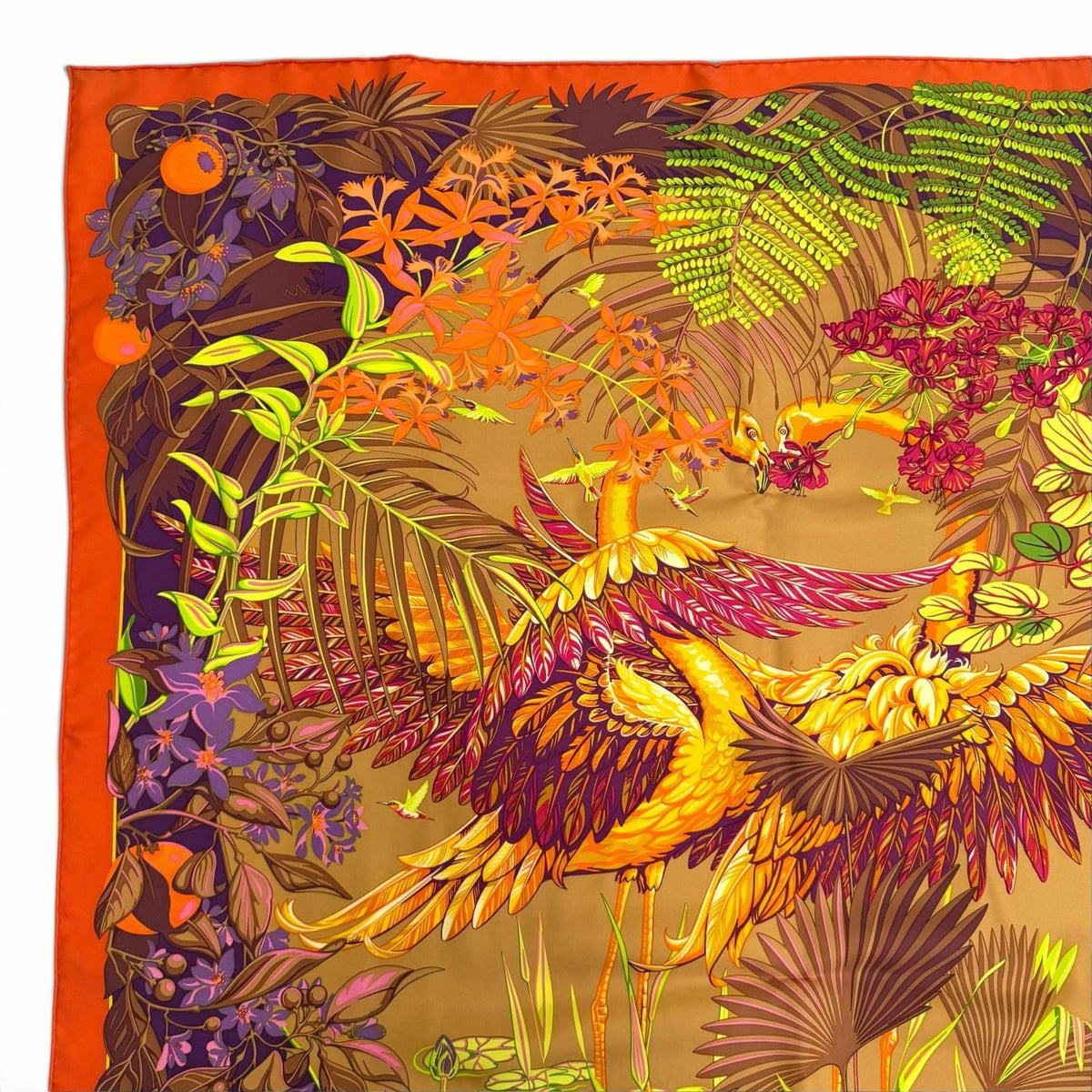 Hermes Carre 90 Flamingo Party Silk 100% Orange Brun Violet Scarf — view 3