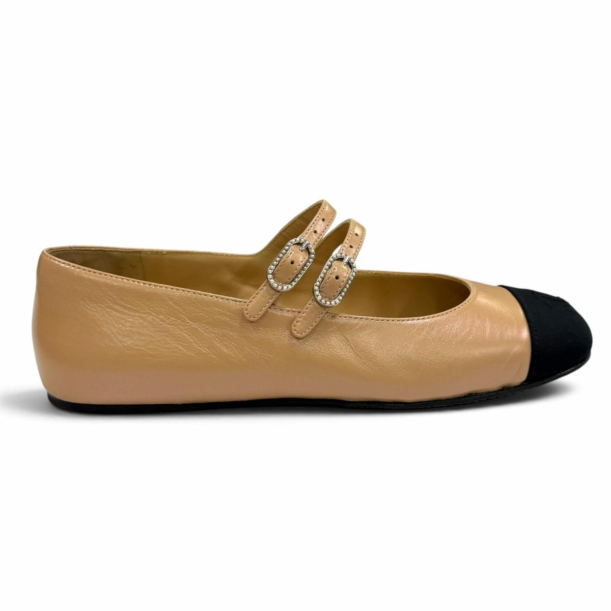Chanel CC Logo Mary Jane Leather Flat Pumps Beige Black — view 7