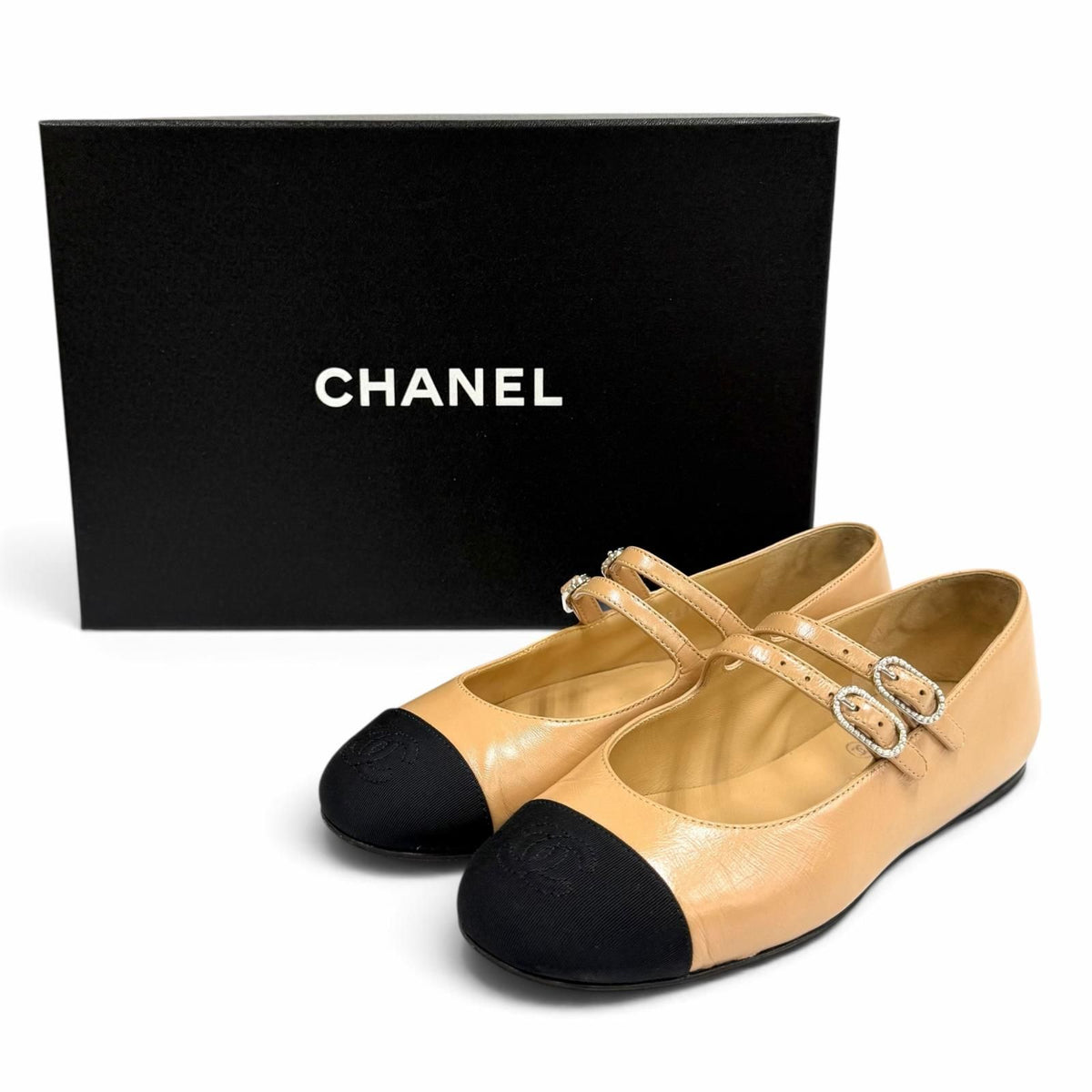 Chanel CC Logo Mary Jane Leather Flat Pumps Beige Black — view 2