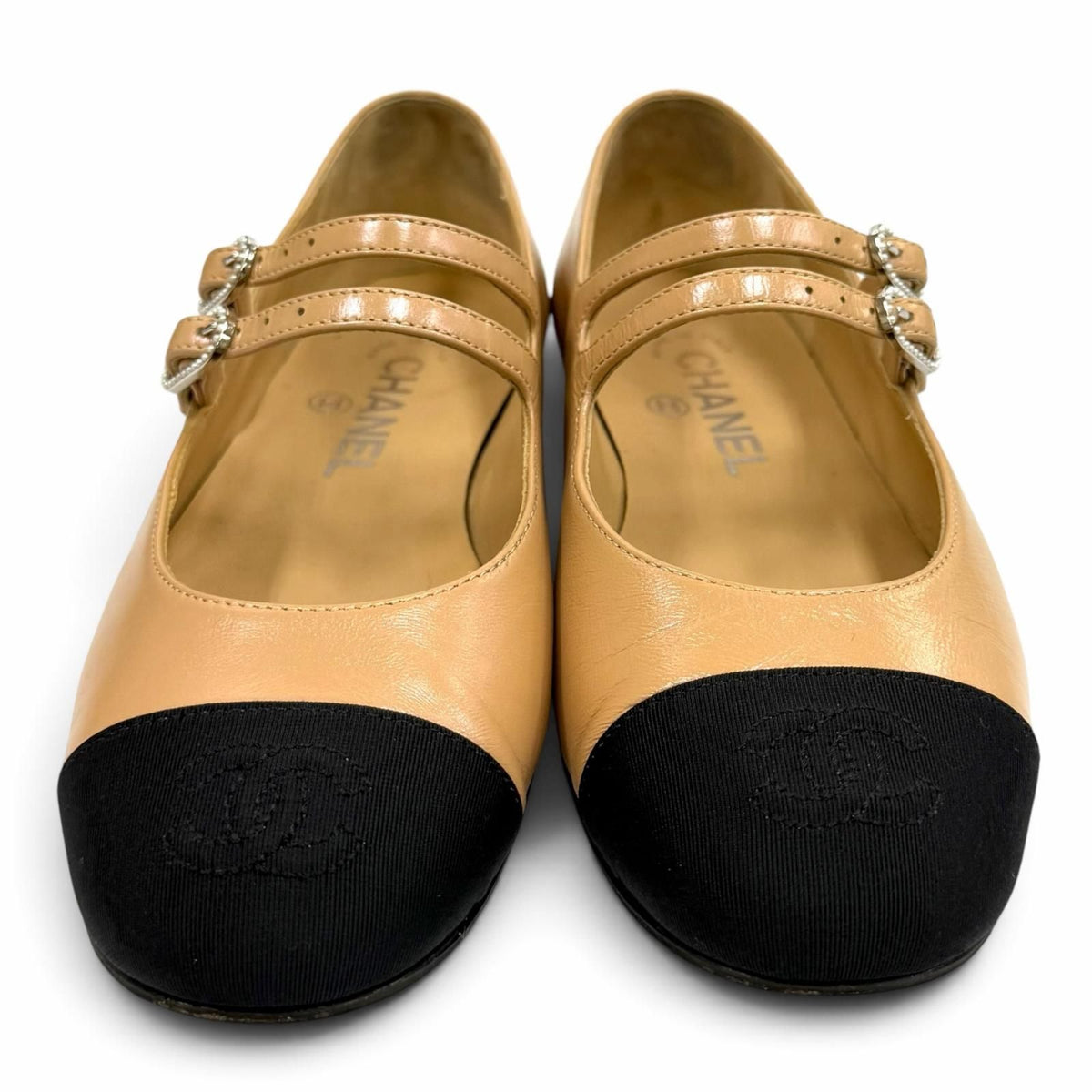 Chanel CC Logo Mary Jane Leather Flat Pumps Beige Black — view 3
