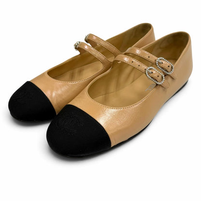 Chanel CC Logo Mary Jane Leather Flat Pumps Beige Black