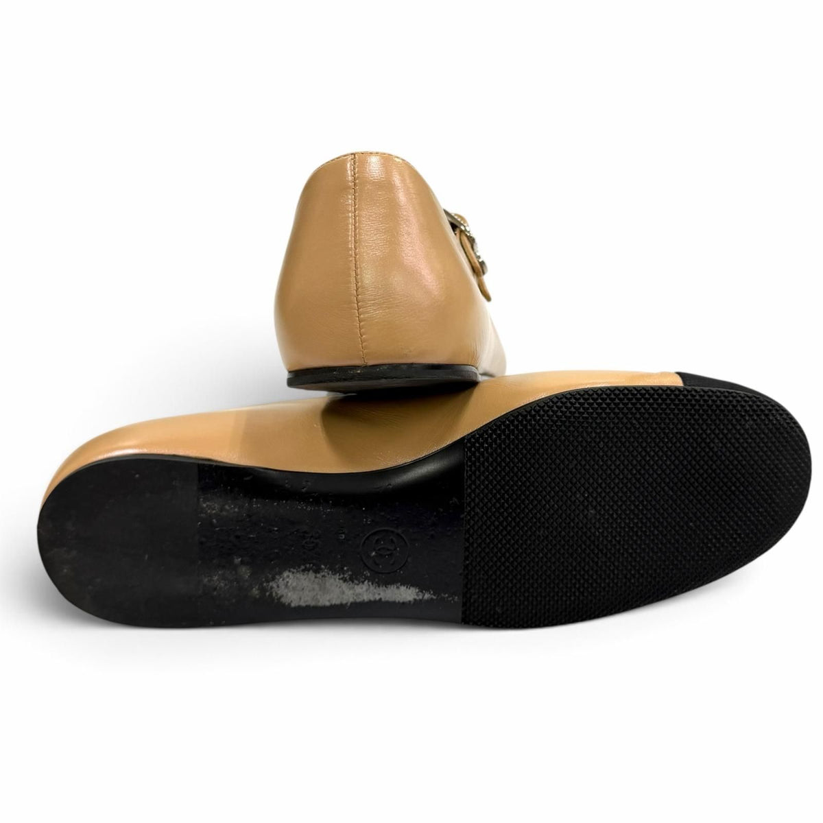 Chanel CC Logo Mary Jane Leather Flat Pumps Beige Black — view 5
