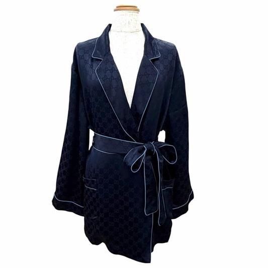 Gucci GG Pattern Belted Pajamas Nightwear Long Sleeve Shirt Navy 42