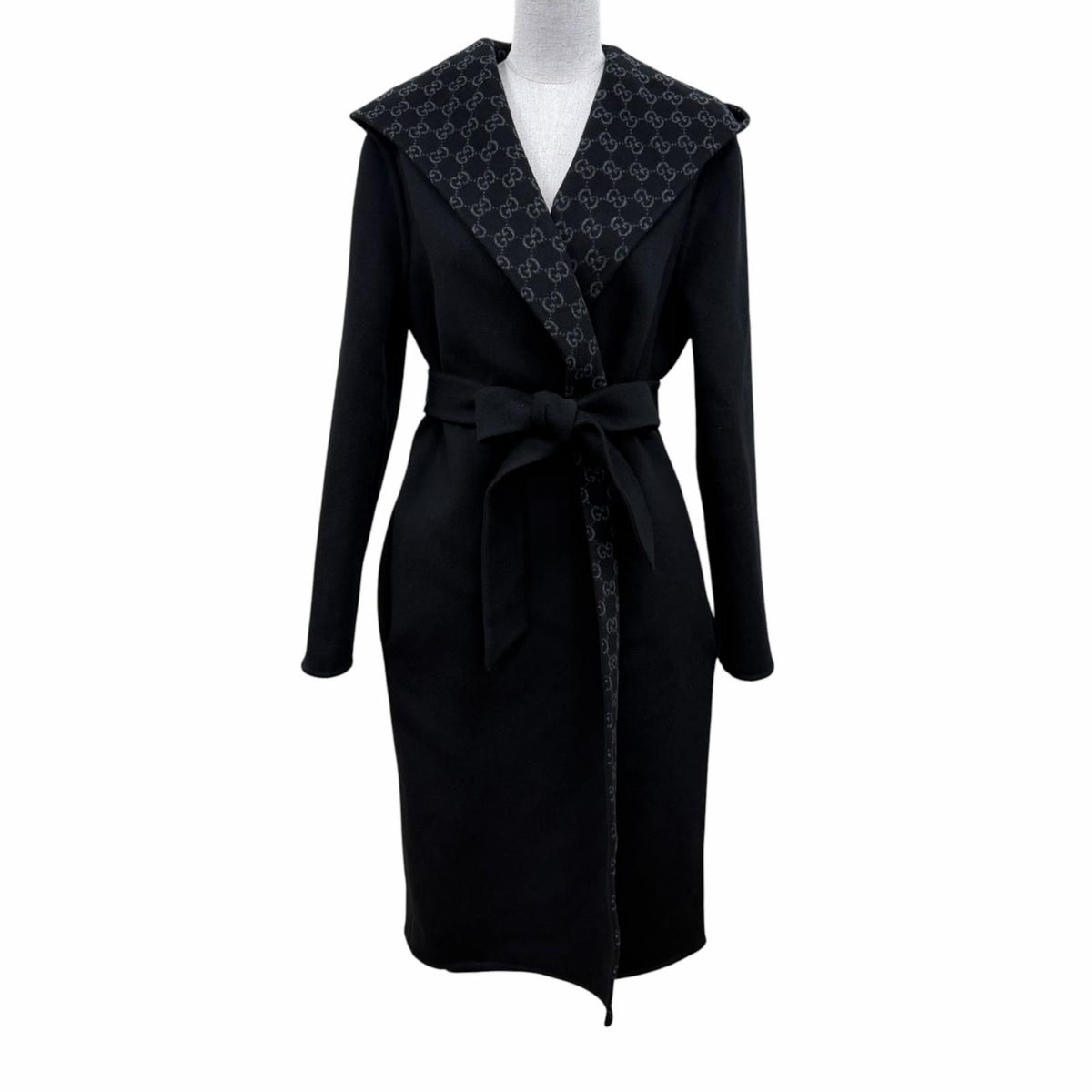 Gucci Reversible Wool Blend GG Silk Coat Belt Wrap Black 36