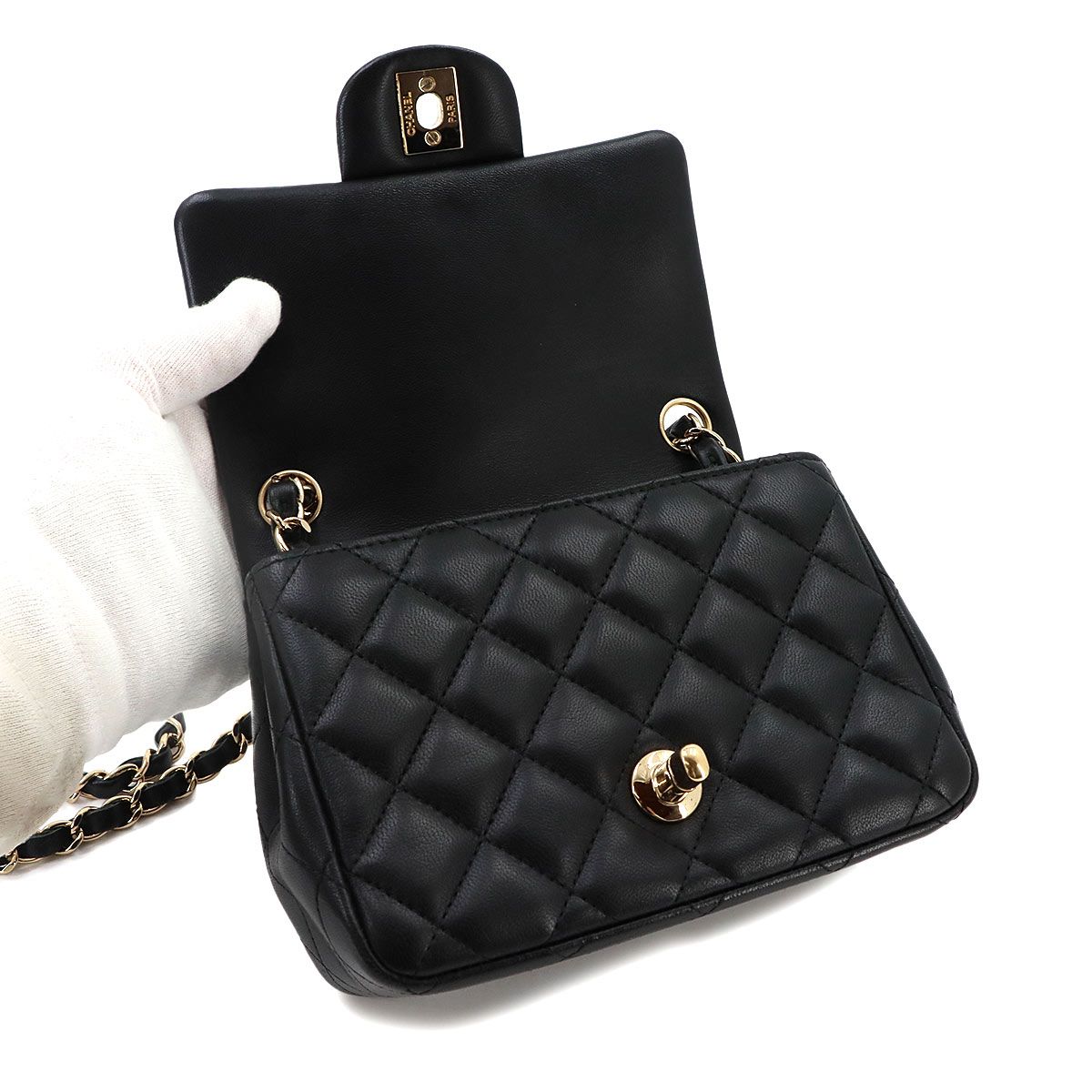 Chanel Mini Quilted Chain Shoulder Bag Lambskin Black Gold — view 7