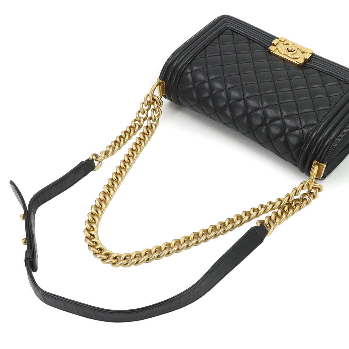 Chanel Boy Chain Shoulder Bag Lambskin Black Gold — view 5