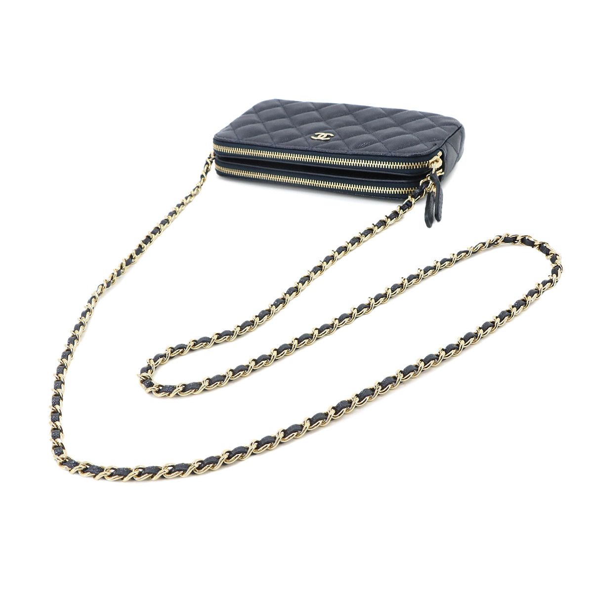 Chanel Quilted Zipper Chain Wallet Caviar Leather Navy Shoulder Bag — view 6