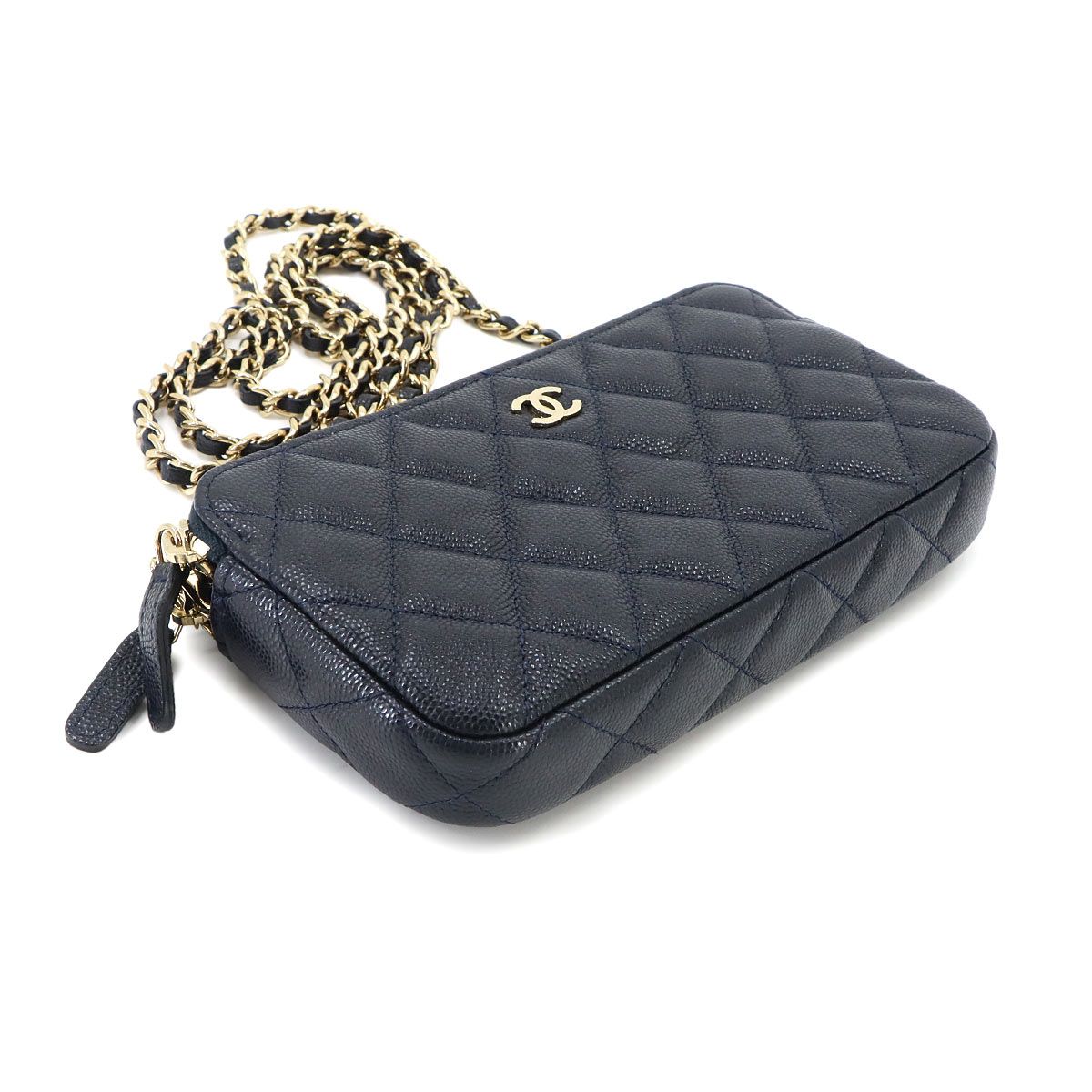 Chanel Quilted Zipper Chain Wallet Caviar Leather Navy Shoulder Bag — view 5