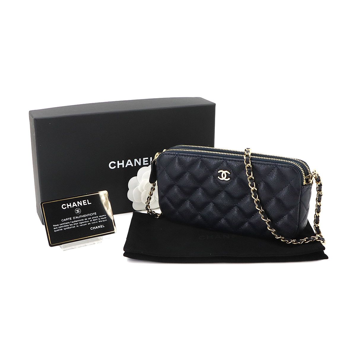 Chanel Quilted Zipper Chain Wallet Caviar Leather Navy Shoulder Bag — view 2
