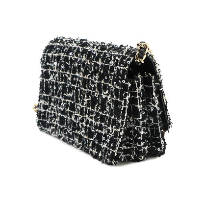Chanel Quilted Chain Wallet Tweed Leather Sequin Black Gold Shoulder Bag — view 3