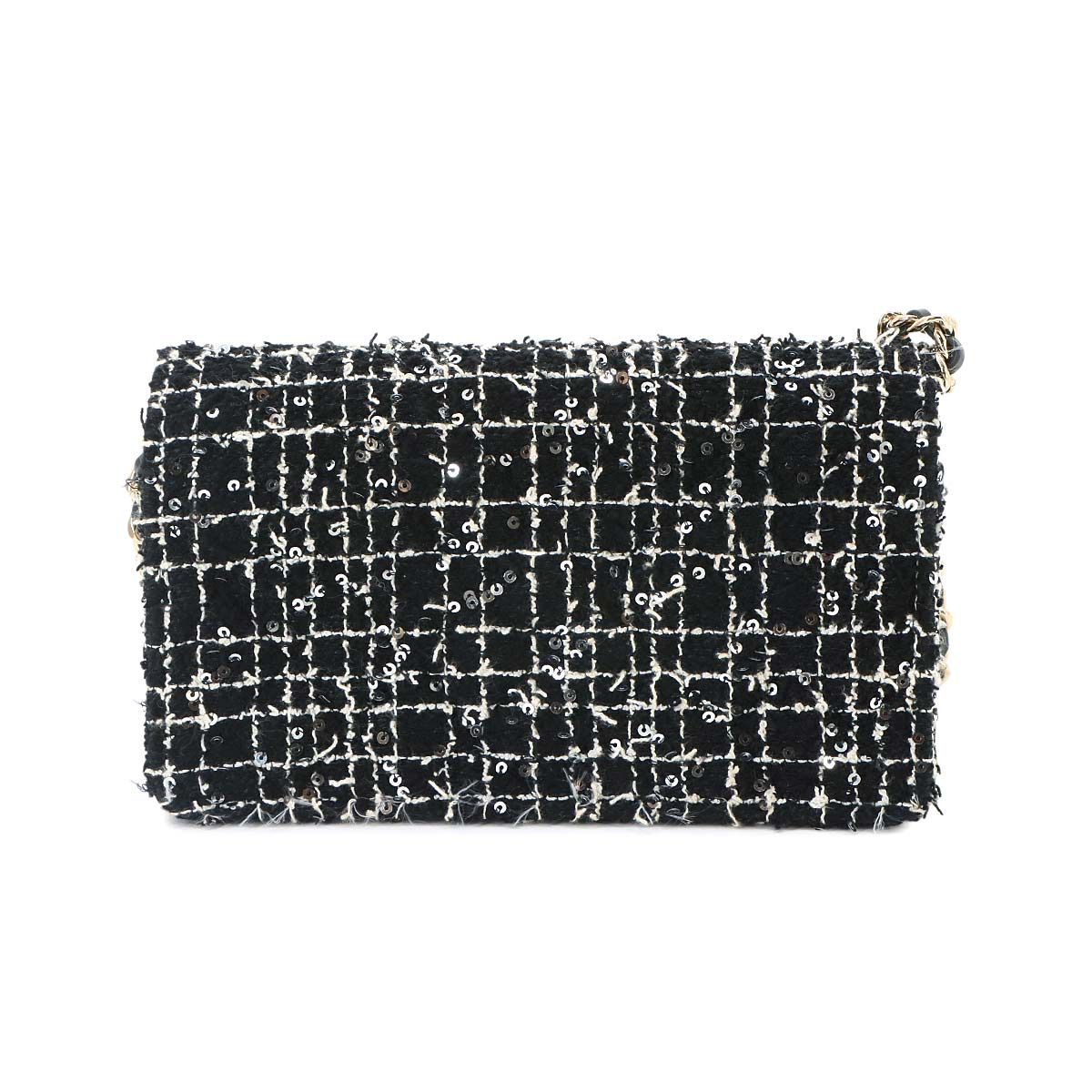 Chanel Quilted Chain Wallet Tweed Leather Sequin Black Gold Shoulder Bag — view 2