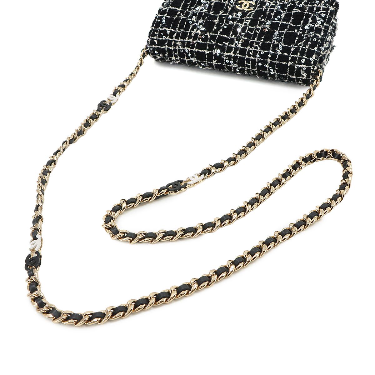 Chanel Quilted Chain Wallet Tweed Leather Sequin Black Gold Shoulder Bag — view 5