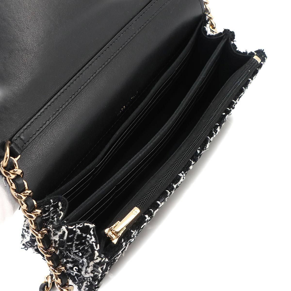 Chanel Quilted Chain Wallet Tweed Leather Sequin Black Gold Shoulder Bag — view 7