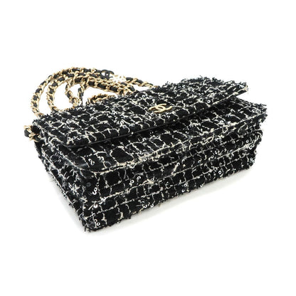 Chanel Quilted Chain Wallet Tweed Leather Sequin Black Gold Shoulder Bag — view 4