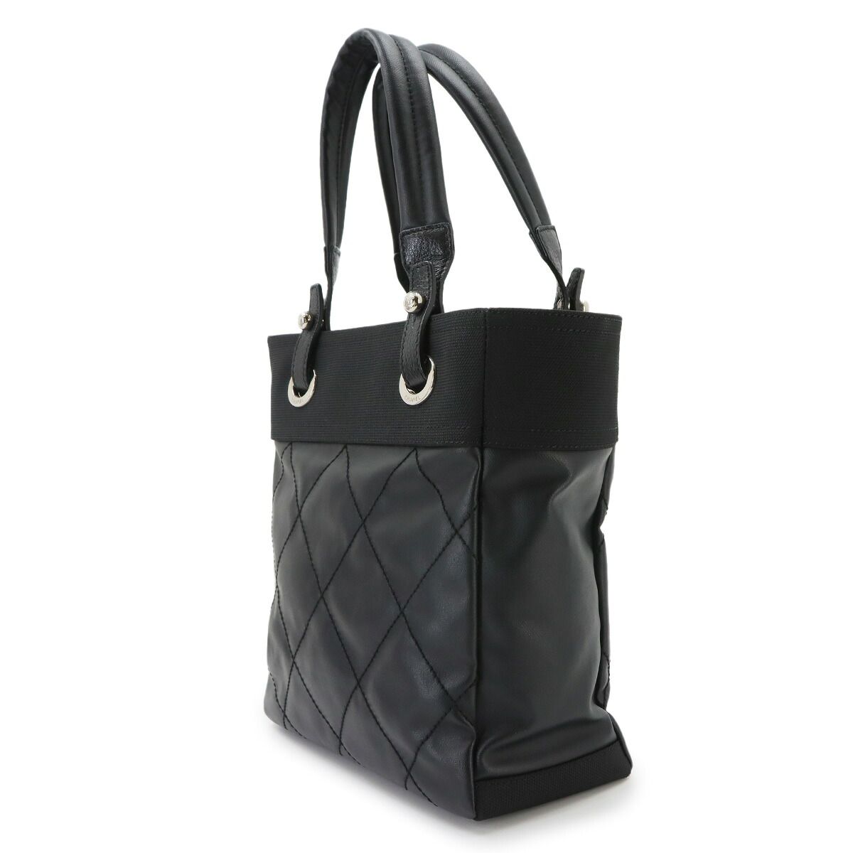 Chanel Paris Biarritz PM Tote Nylon Leather Black Silver — view 4