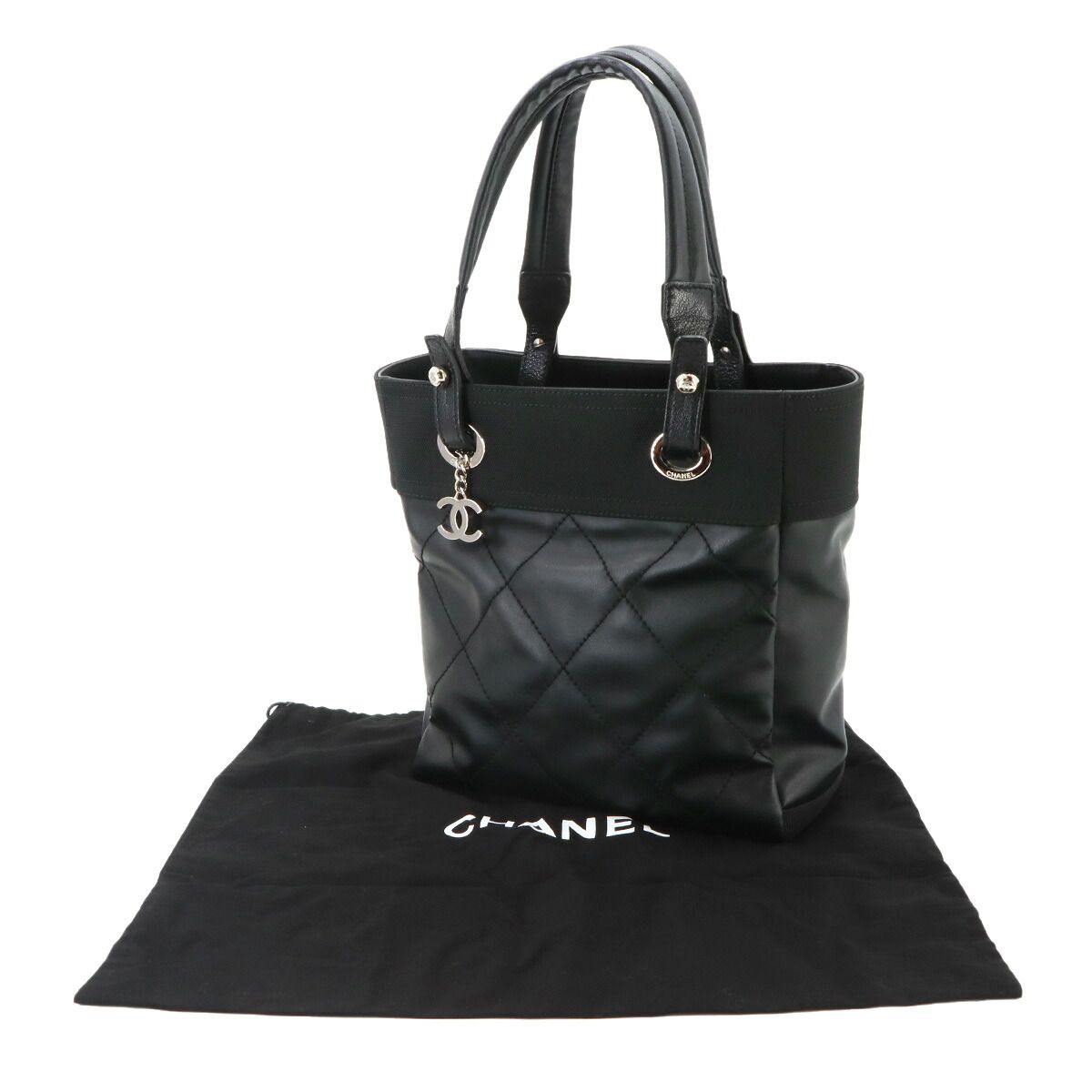 Chanel Paris Biarritz PM Tote Nylon Leather Black Silver — view 2