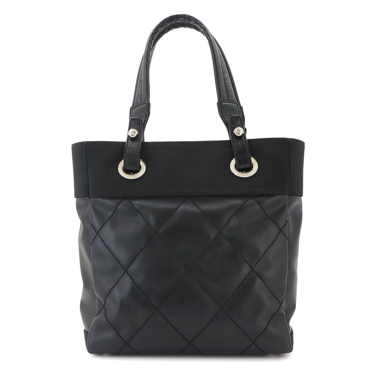 Chanel Paris Biarritz PM Tote Nylon Leather Black Silver — view 3