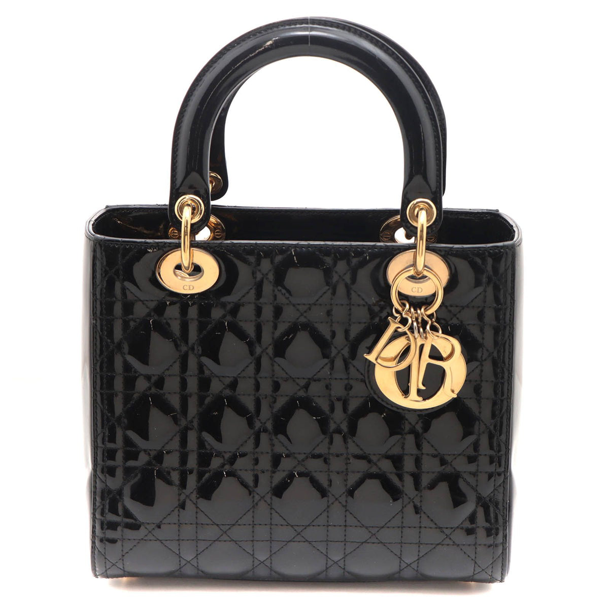Dior Cannage Lady Dior 2-Way Medium Shoulder Bag Patent Leather Black