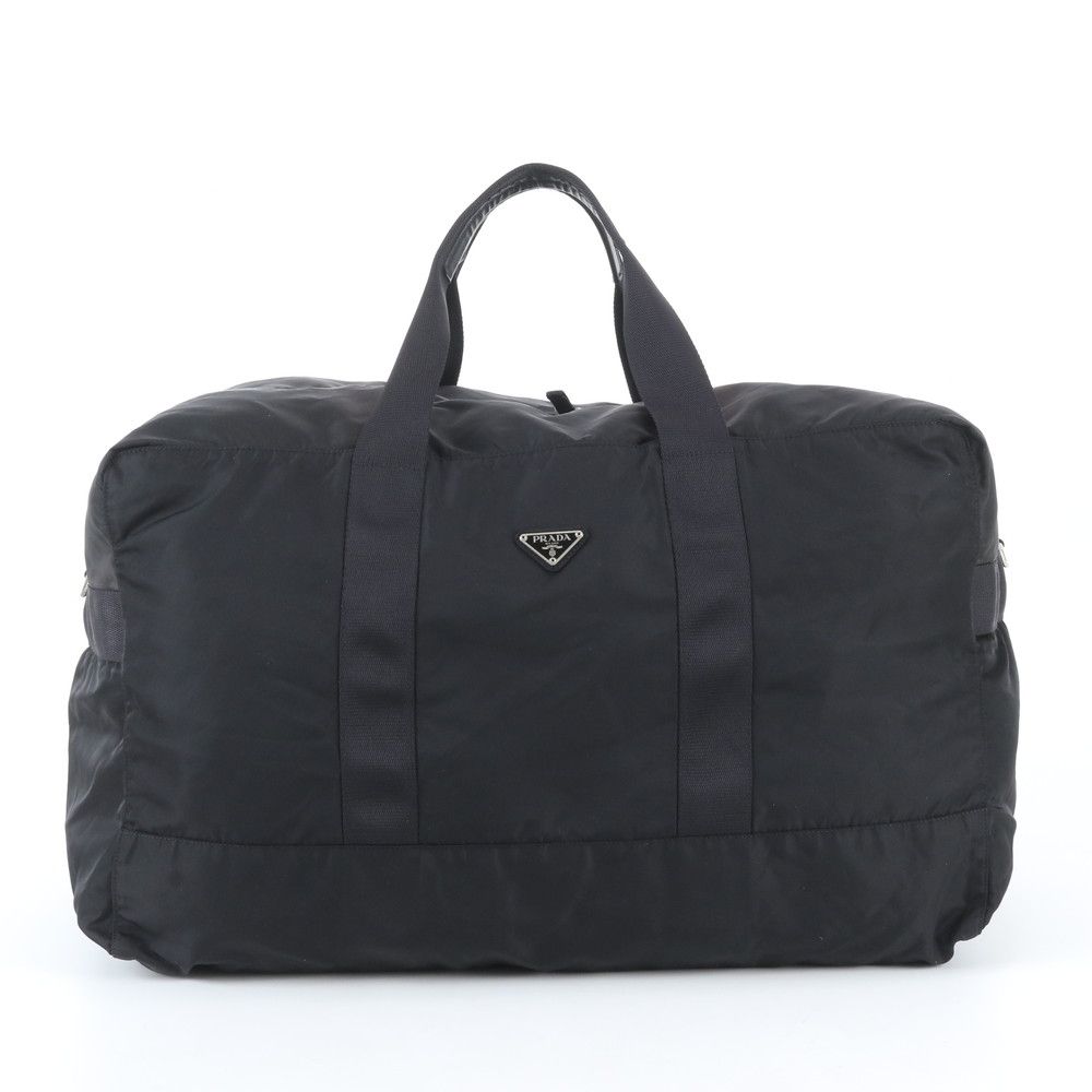 Prada Tessuto Nylon Triangle Logo Leather Boston Bag Tote Black