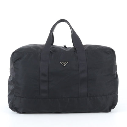 Prada Tessuto Nylon Triangle Logo Leather Boston Bag Tote Black