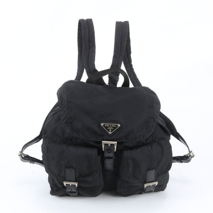 Prada Tessuto Nylon Triangle Logo Leather Backpack Black