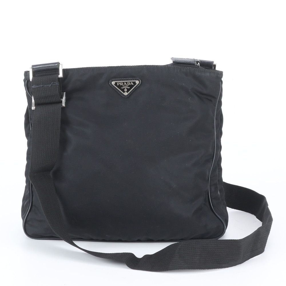 Prada Tessuto Nylon Triangle Logo Leather Shoulder Bag Crossbody Messenger Black