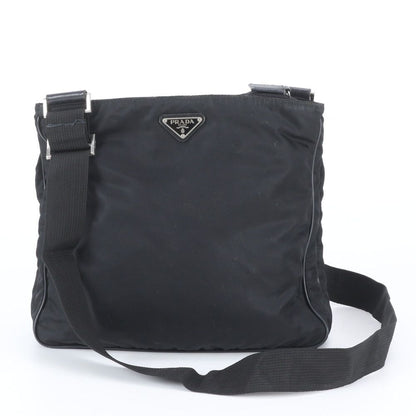 Prada Tessuto Nylon Triangle Logo Leather Shoulder Bag Crossbody Messenger Black