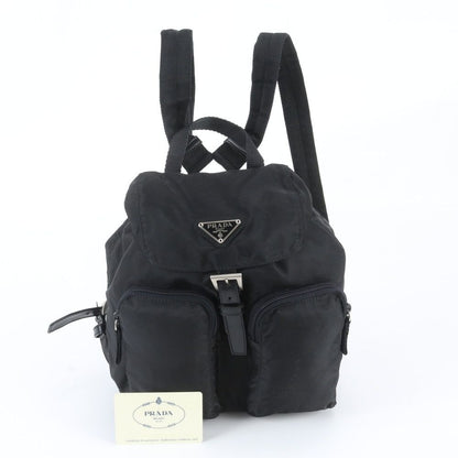 Prada Tessuto Nylon Triangle Logo Leather Backpack Black