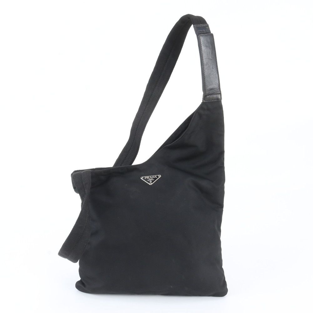 Prada Tessuto Nylon Triangle Logo Leather Shoulder Bag Crossbody Messenger Black