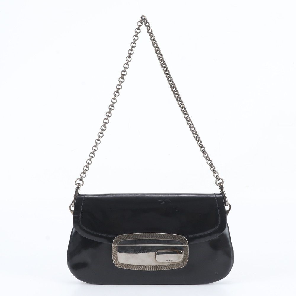 Prada Metal Plate Leather Chain Bag Shoulder Hand Black