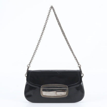 Prada Metal Plate Leather Chain Bag Shoulder Hand Black