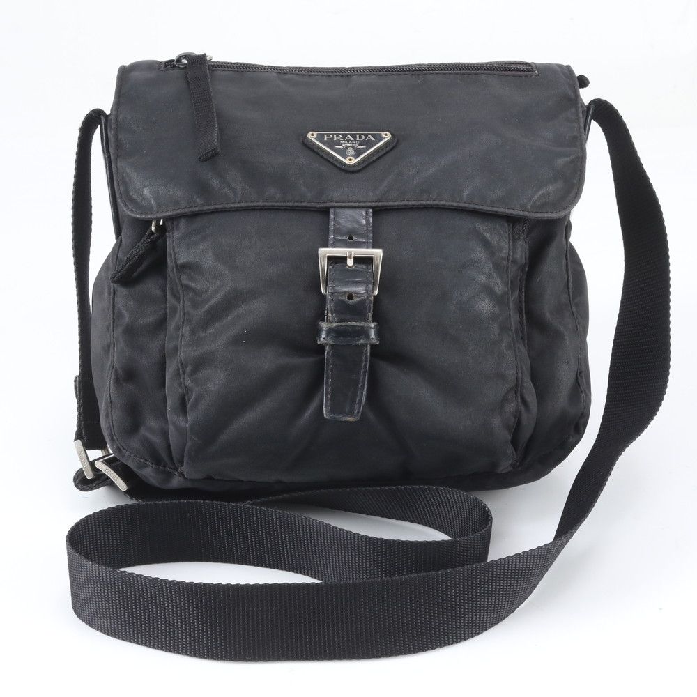 Prada Tessuto Nylon Triangle Logo Leather Shoulder Bag Crossbody Messenger Black