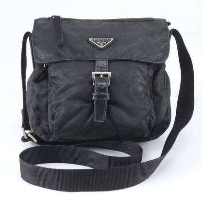 Prada Tessuto Nylon Triangle Logo Leather Shoulder Bag Crossbody Messenger Black
