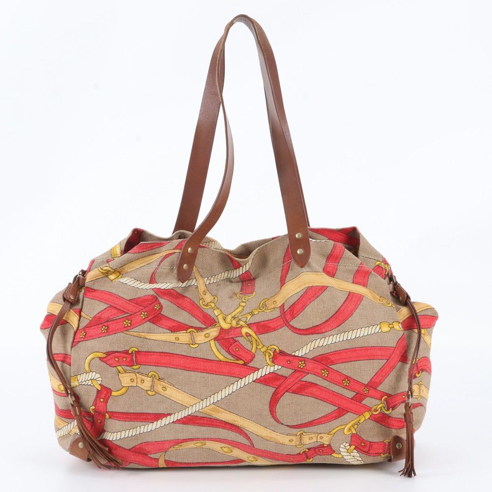 Miu Miu Leather Canvas Tote Shoulder Hand Brown